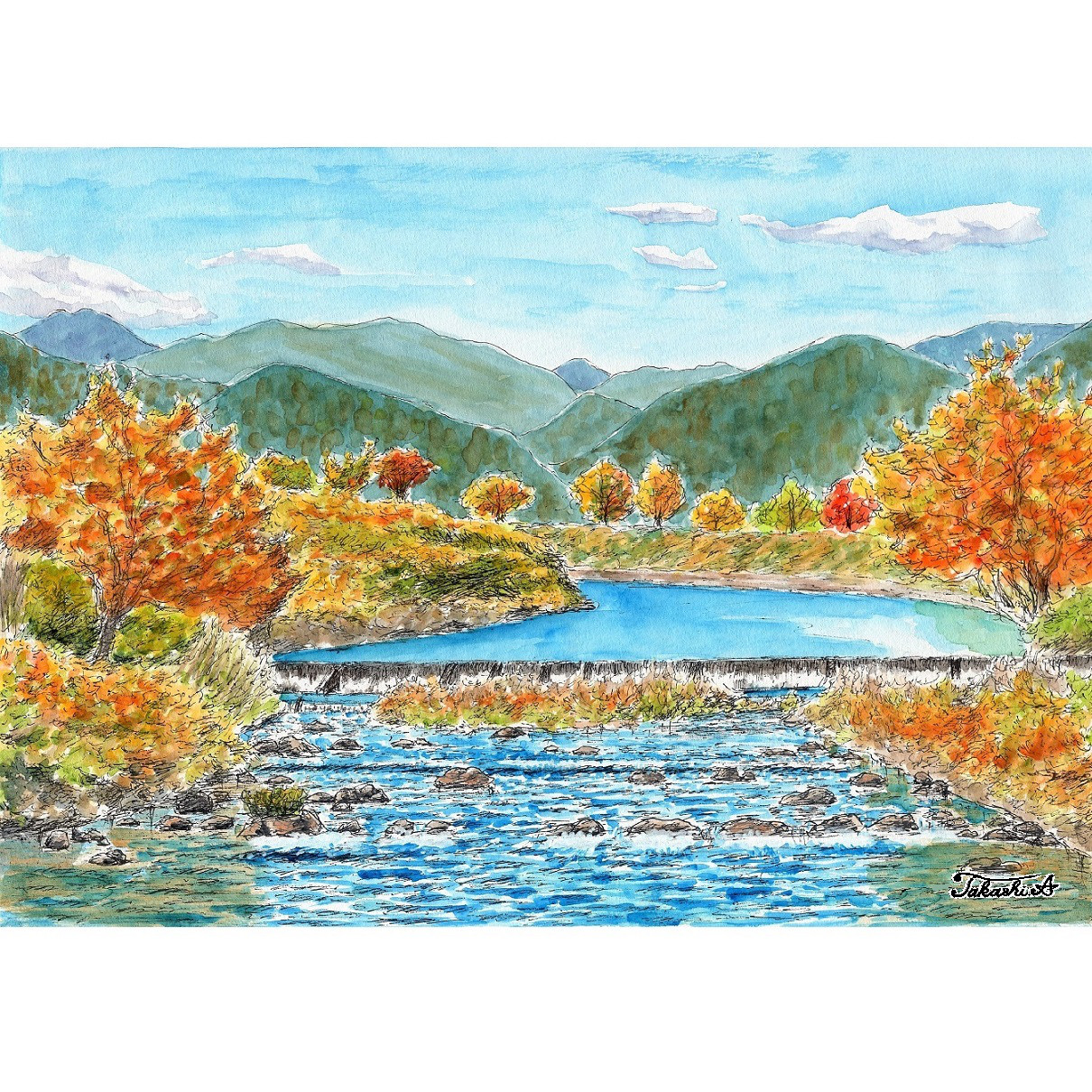 水彩アート「春の交差点」手描き、1点物、真筆。 水彩アート「春の