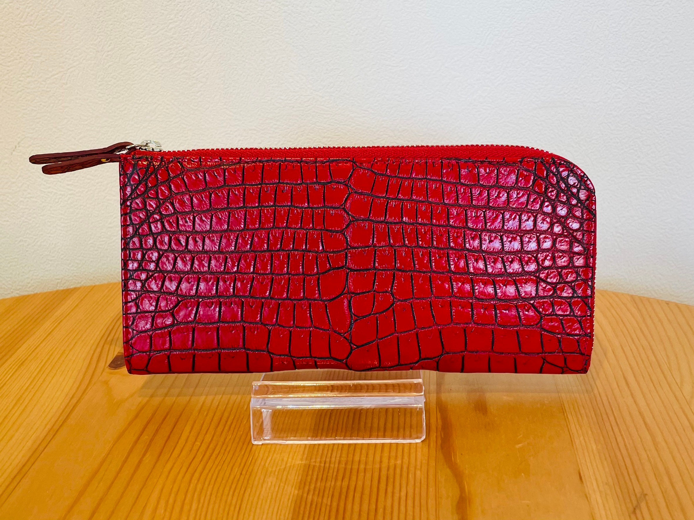 日本の職人が作った　スモールクロコダイル（ポロサス）　L字ファスナーウォレット　レッドブラック　送料無料