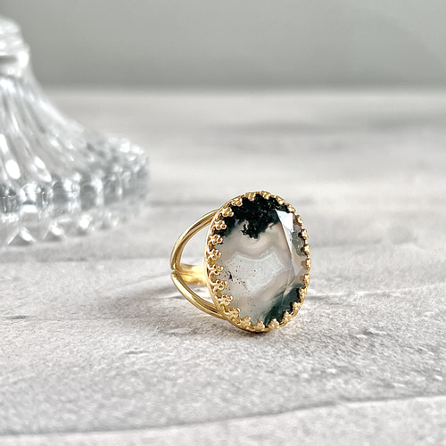 真鍮☆大粒☆インド産モスアゲート☆11〜18号フリーサイズ☆18×13mm