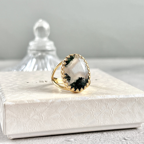 真鍮☆大粒☆インド産モスアゲート☆11〜18号フリーサイズ☆18×13mm