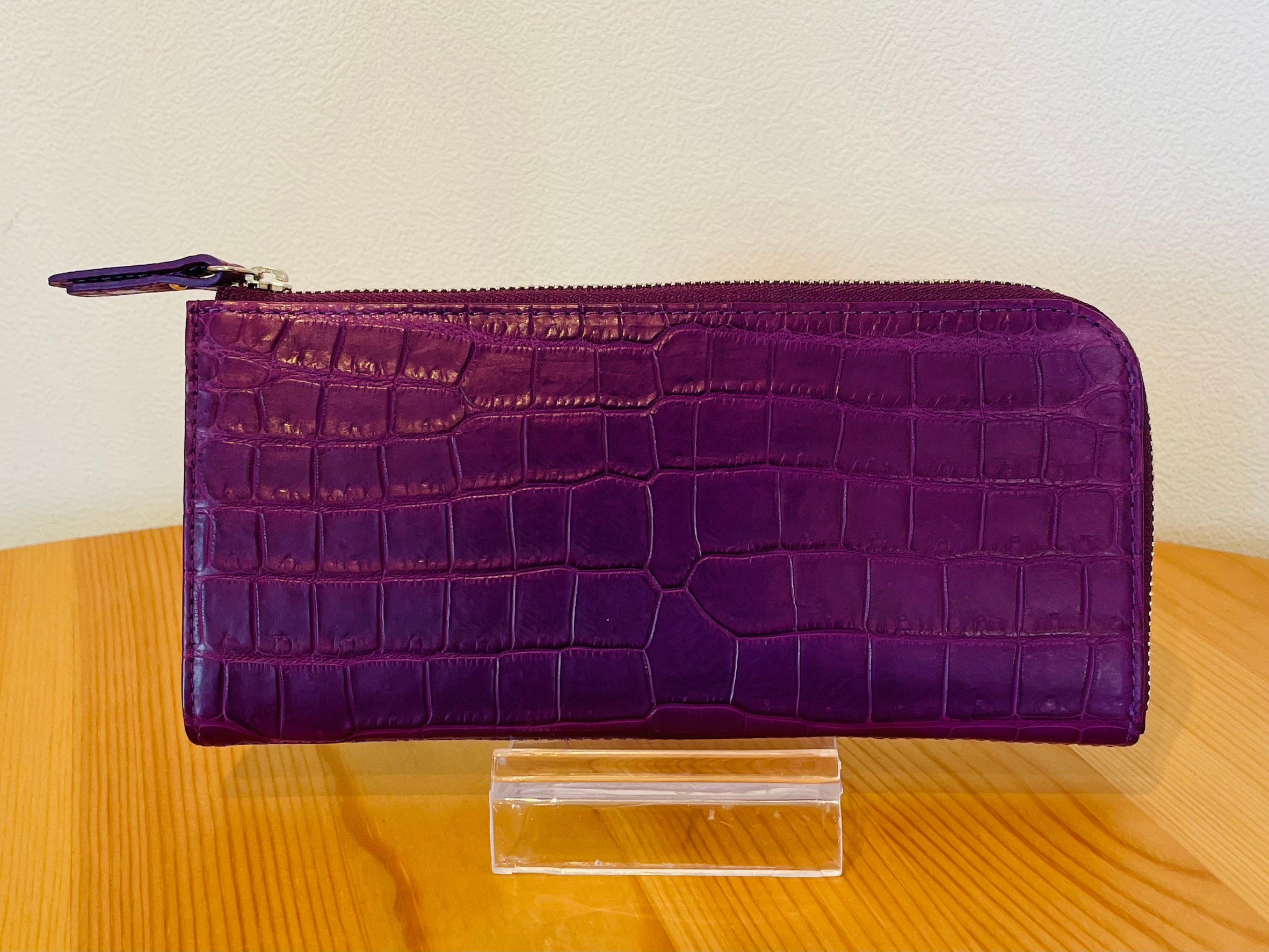 日本の職人が作った　スモールクロコダイル（ポロサス）L字ファスナーウォレット　パープル　送料無料