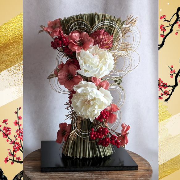 迎春アレンジメント 特大｜新春の華やぎを飾る和モダンフラワー｜正月飾り 造花 特大サイズ 正月アレンジメント】 扇と松が描く迎春の華｜和モダン