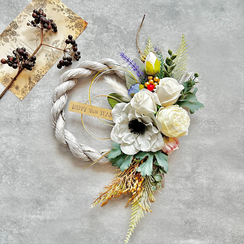 No.187 アネモネとバラのしめ縄リース2025 ハンドメイドお正月飾り玄関