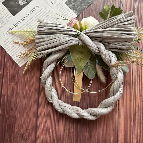 No.187 アネモネとバラのしめ縄リース2025 ハンドメイドお正月飾り玄関