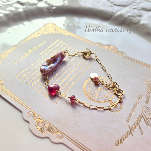 【1点のみ】14kgf 希少！ルビーのつぼみカットとペリドットのブレスレット 1点のみ】14kgf 希少！ルビーのつぼみカットとペリドットの