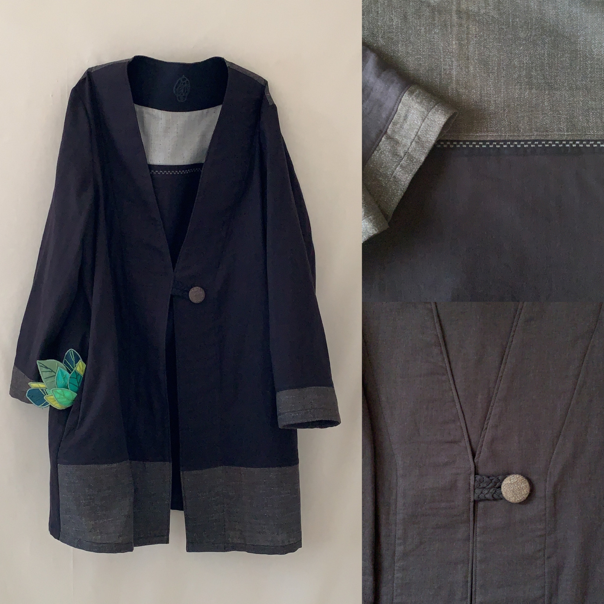 【フワとろダブルガーゼ】1つボタンロングカーディガン長袖/デニム柄ダブルガーゼビンテージ色切替/ブラック【くが屋】