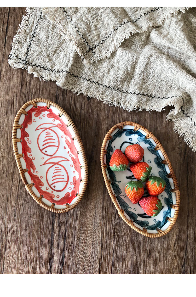 秋藤编织陶瓷寿司道具小篮子-红色双鱼款式