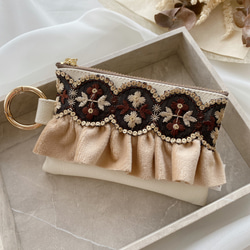 インド刺繍リボン】ハンドメイド カラビナ ポーチ レザー ファスナー