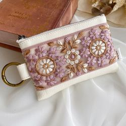 インド刺繍リボン】ハンドメイド カラビナ ポーチ レザー ファスナー