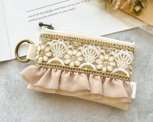 インド刺繍リボン】ハンドメイド カラビナ ポーチ レザー ファスナー