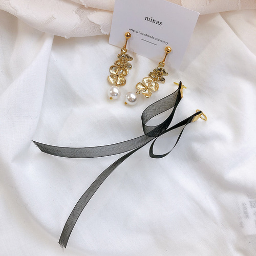 送料無料ブラックリボン オーガンジー ロング ピアス イヤリング