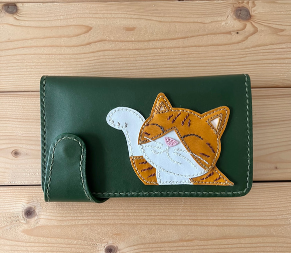 猫好きが作った招き猫の長財布 茶トラ白ハチワレ猫 深緑 手縫い 送料込