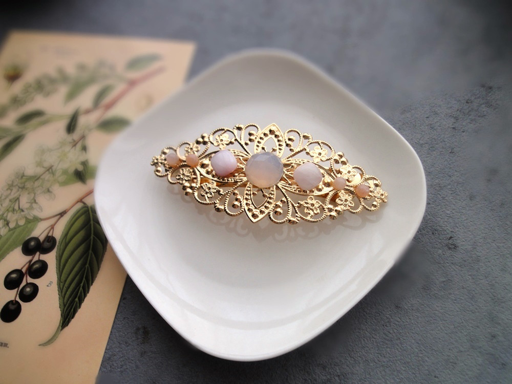 天然石のバレッタ ■ ティアラ 透かし模様 ■ カルセドニ　クンツァイト