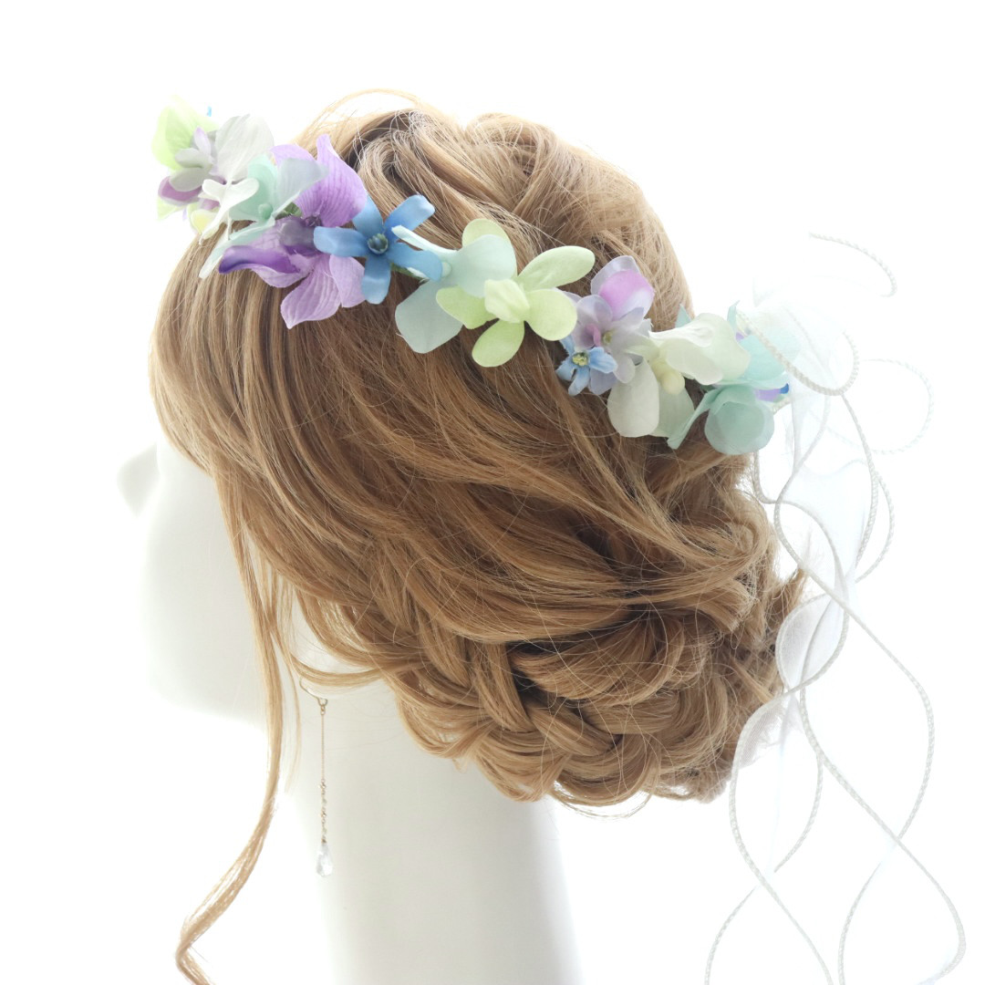 花冠　花かんむり　コチョウラン　ブルースター　水色　あじさい　結婚式　ブライダル　ウェディング　髪飾り　サムシングブルー