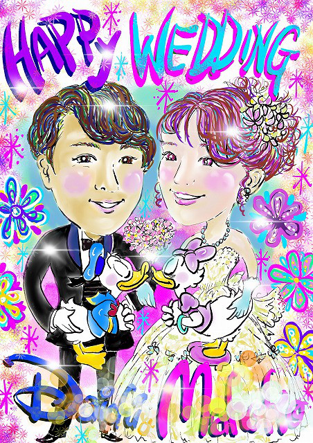 デジタル似顔絵のウェルカムボード/額、花、リボン、手提げつき