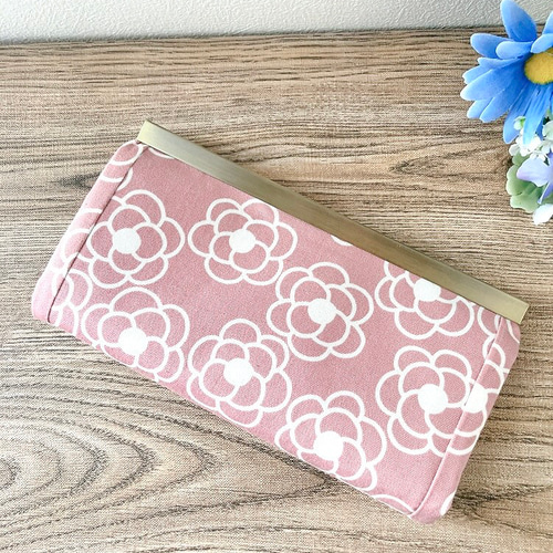 ピンク系統 本革 がま口 長財布 新品未使用 花柄 がま口長財布 くすみピンク花柄 ハンドメイド がま口 文鎮 口金