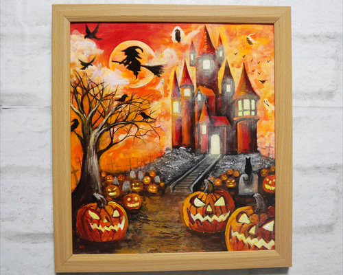 「ハロウィン　キャット」油絵　原画　オリジナル　１点物　絵画 ハロウィン キャット」油絵 原画 オリジナル 1点物 絵画