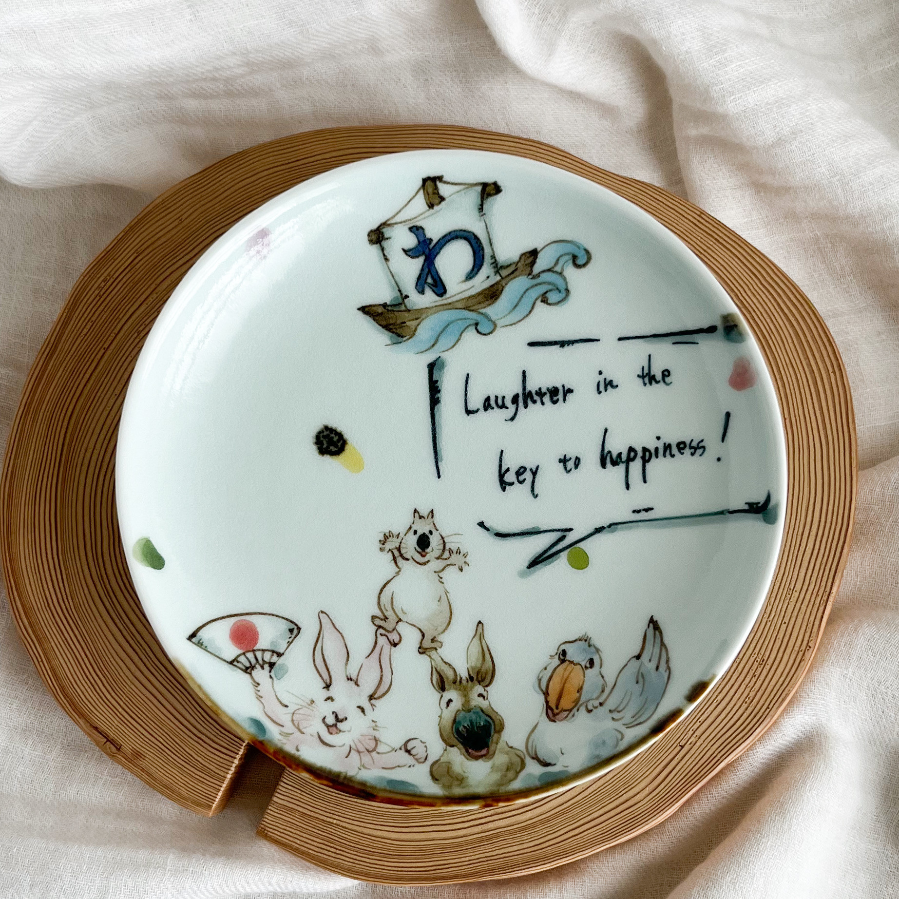 チコロット❤️すべて手描き❤️染付け❤️ことわざ❤️笑う門には福来る❤️取り皿❤️plate