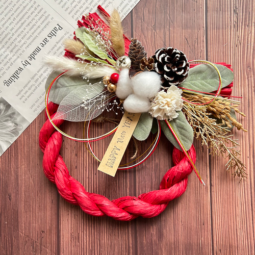 No.195 木の実のナチュラルしめ縄リース2025 ハンドメイドお正月飾り