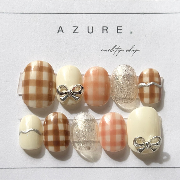 レトロネイルガーリーネイル春ネイルリボンネイルブラウンネイルチェックピンクぷっくりネイルチップ短め長めガーリー振袖春夏 3枚目の画像