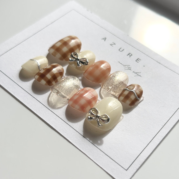 レトロネイルガーリーネイル春ネイルリボンネイルブラウンネイルチェックピンクぷっくりネイルチップ短め長めガーリー振袖春夏 2枚目の画像