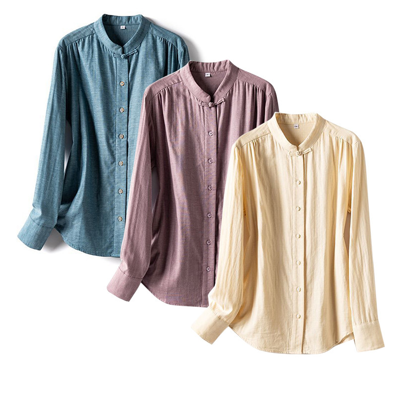 木綿長袖シャツ　襟に可愛いチャイナボタン長袖シャツ　3色　M-2XLサイズ　L470