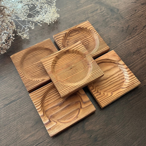 竹細工木製茶托 5個セット 和風コースターソーサー 茶托 日本工芸品 鎚