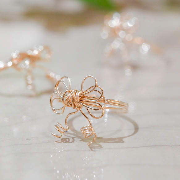 14kgf◇フラワーリボン ワイヤー リング 14金ゴールドフィルドお花の