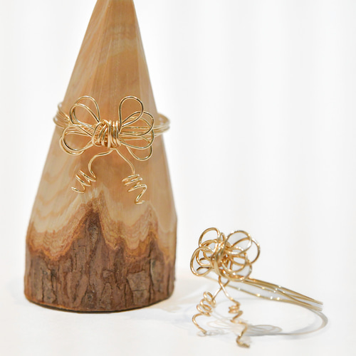 14kgf◇フラワーリボン ワイヤー リング 14金ゴールドフィルドお花の