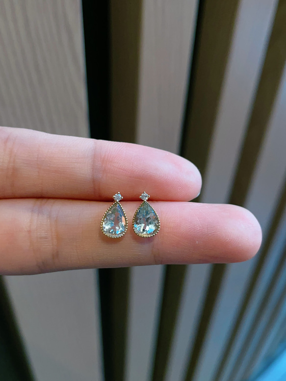天然ダイヤモンド付きアクアマリンピアスk18 ピアス（スタッド・一粒  