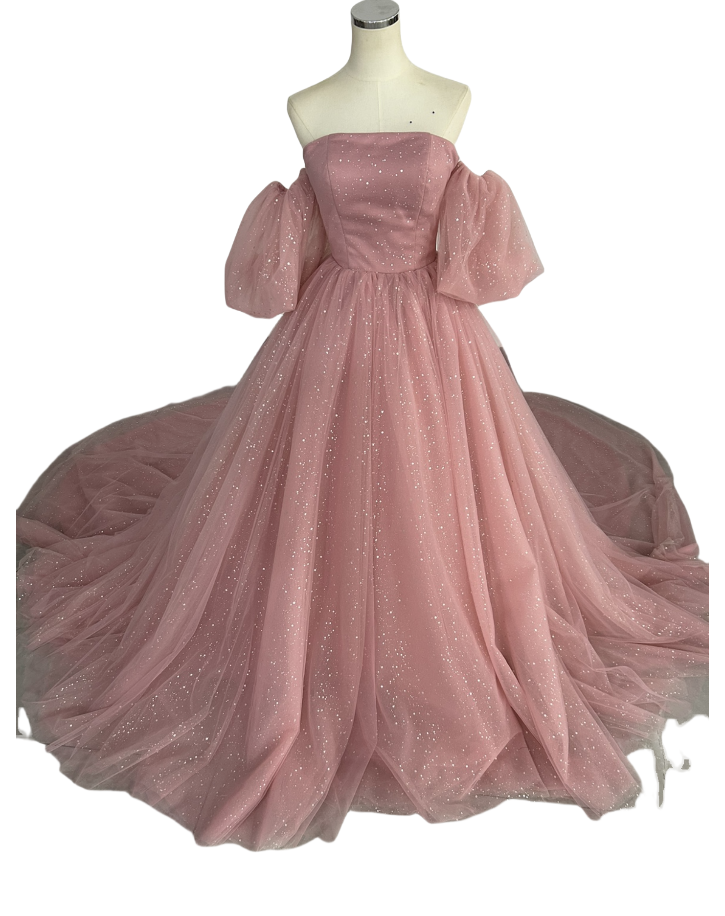 豪華！ ウェディングドレス ピンク キラキラグリッターチュール パフスリーブ 結婚式