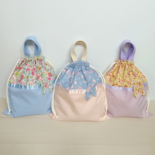 カラー,花柄選べる♪持ち手 リボン付き♡巾着【体操着袋 お着替え袋
