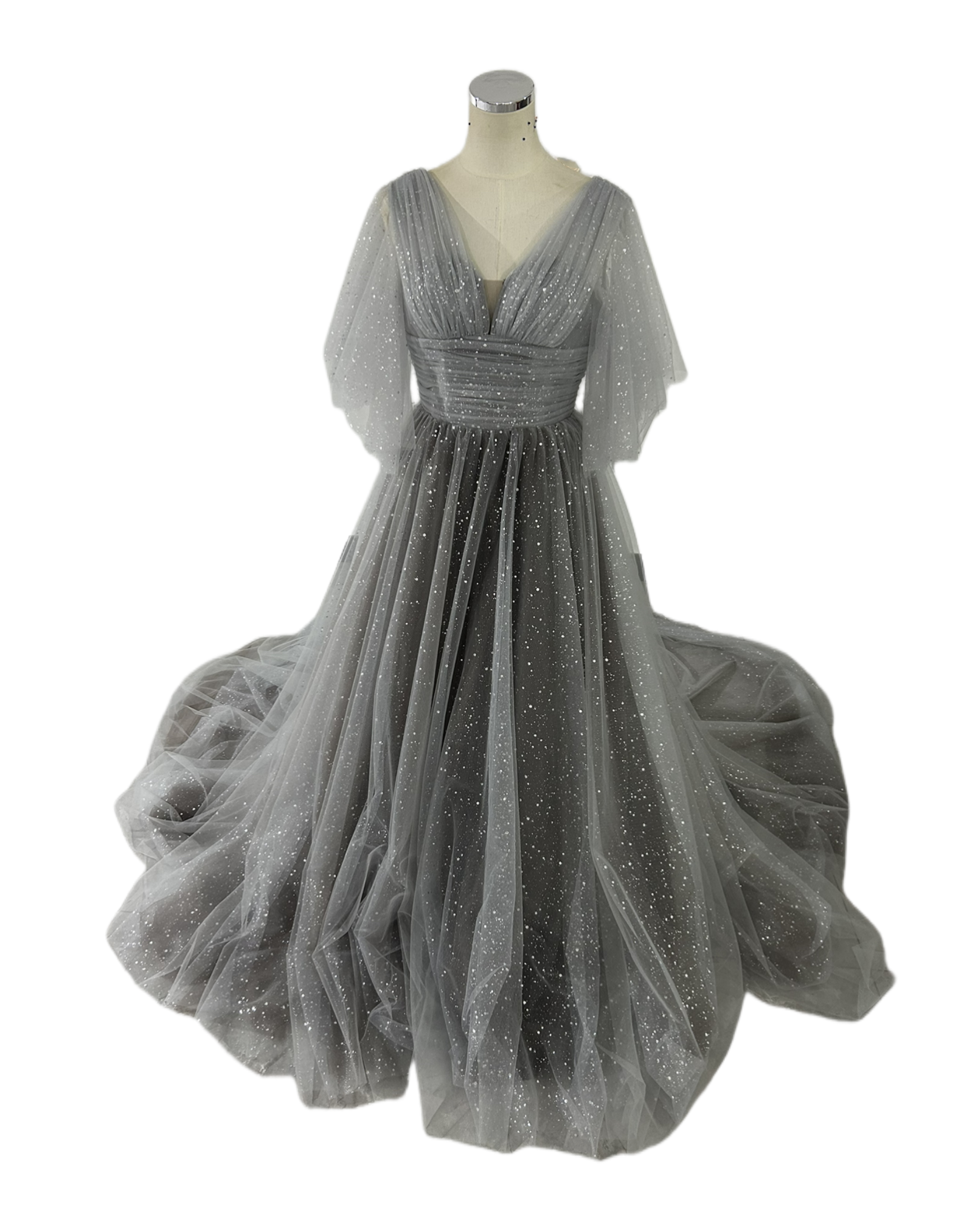 カラードレス ウェディングドレス シルバーグレー キラキラチュールふわふわ袖