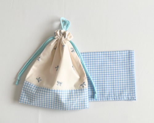 リボン刺しゅうブルー 給食セット 給食袋 ランチョンマット 花柄 巾着