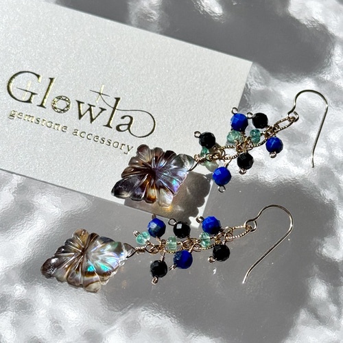 14kgf/アバロンシェル×クリスタルカメオと天然石ピンクトルマリンの