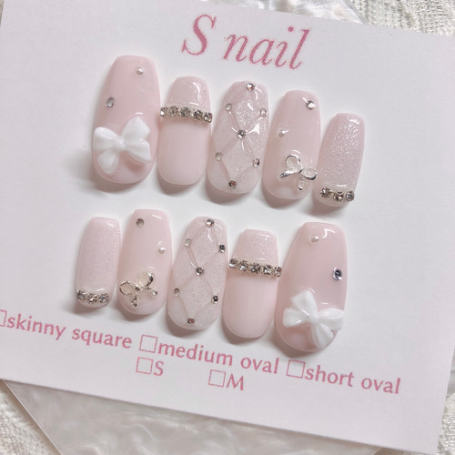 ネイルチップ ピンク キルティング マグネットネイル リボン フレンチ  