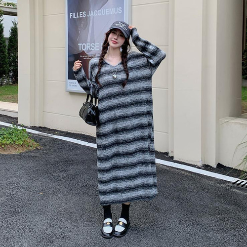 大きいサイズ ボーダー ワンピース ロング レディース 秋冬 春 新品