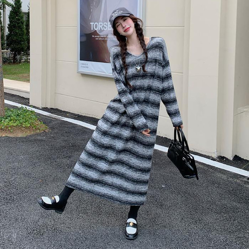 大きいサイズ ボーダー ワンピース ロング レディース 秋冬 春