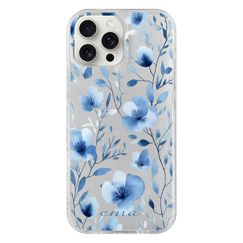 全機種対応/名入れ無料】透明クリアブルーフラワースマホケース