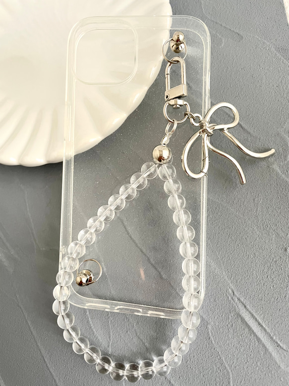 シルバー リボン チャーム クリア ビーズ キーリング キーホルダー