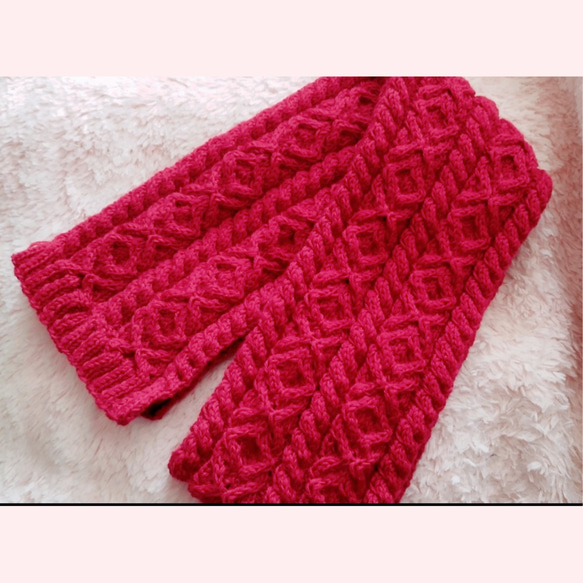 レッドアランマフラー　手編み　ケーブルマフラー　ハンドメイド レッドアランケーブルマフラー手編み マフラー sakuracherry16