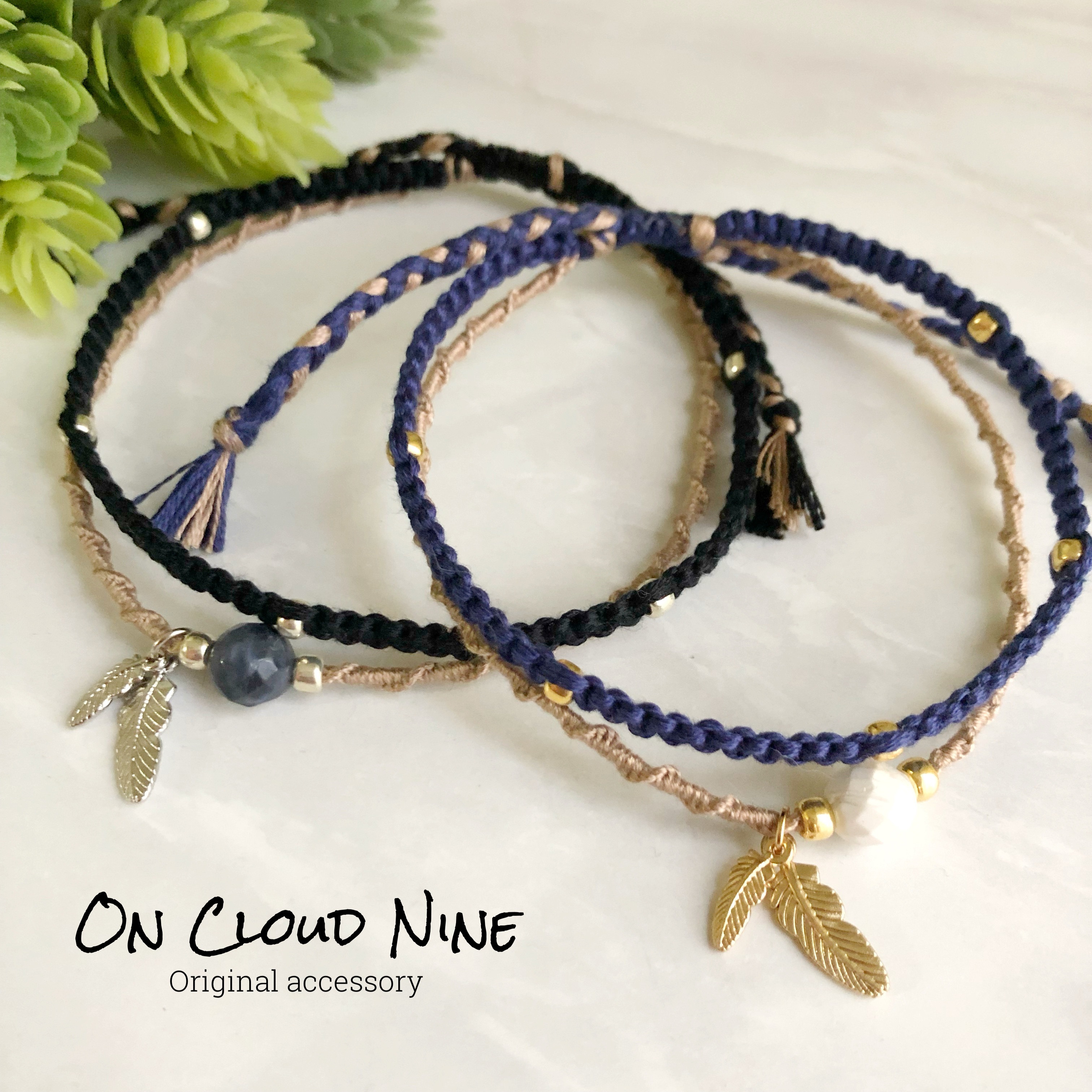 【ペア価格】2連アンクレット♡1粒天然石×ダブルフェザー♡選べるカラー ゴールド&シルバー