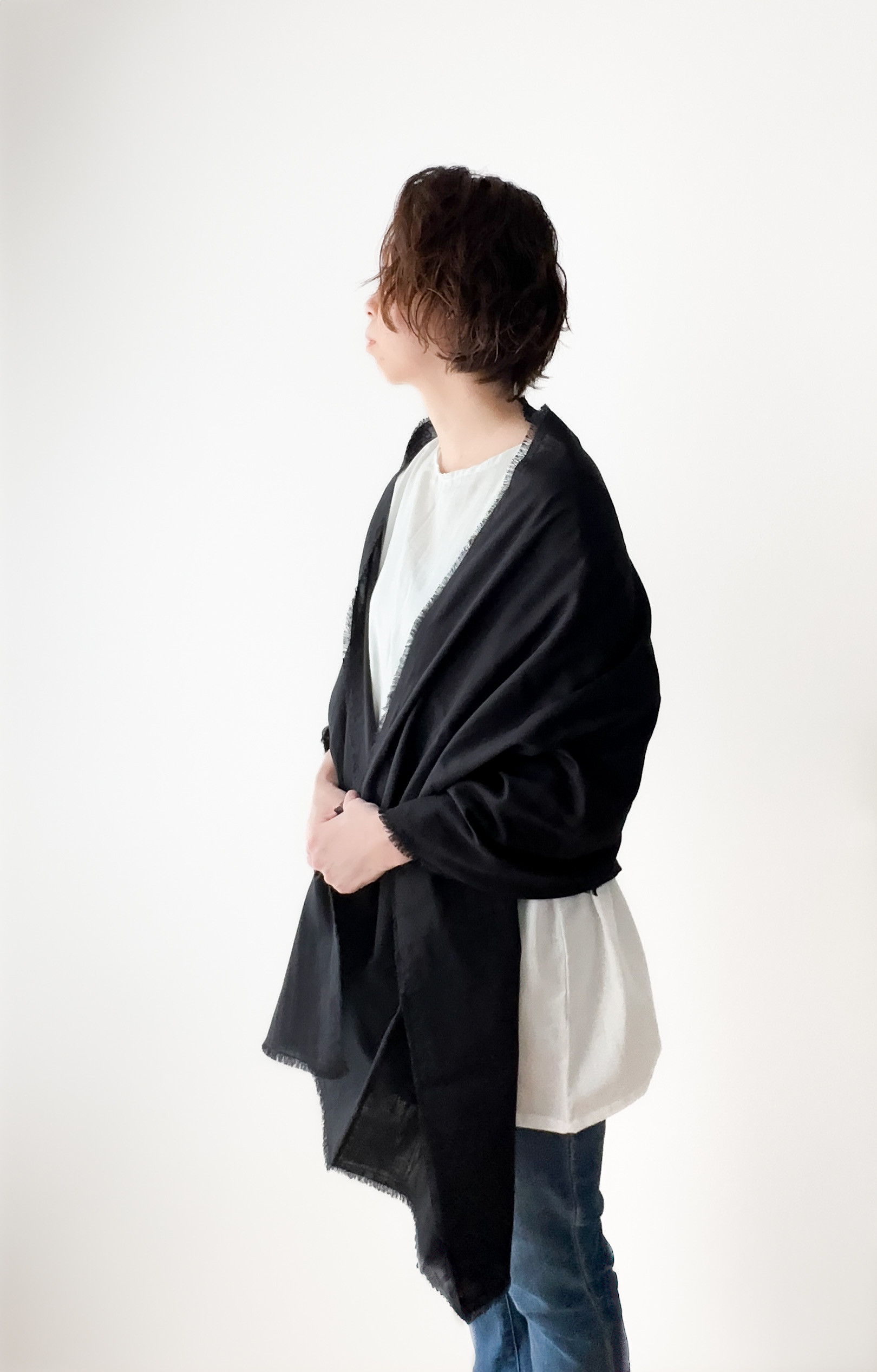 受注製作『 毎日着けたい、心地よさ。こだわりたい大人のための幅広ストール／ブラック 』オーガニックコットン