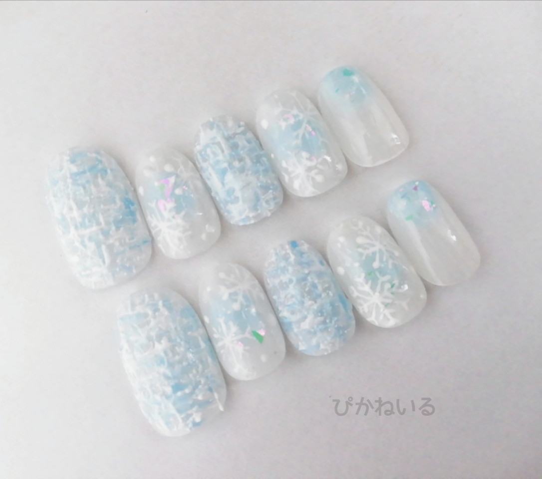 水色 ネイルチップ 【オーダー専】 ラメ ピクシー 雪 グラデ 冬ネイル ブルー