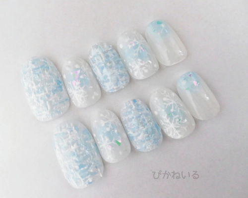 冬デザイン♪水色ツィード×雪結晶ネイル ネイルチップ（つけ爪） ぴか