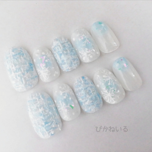 冬デザイン♪水色ツィード×雪結晶ネイル ネイルチップ（つけ爪） ぴか 