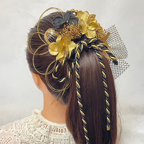 クールブラック 髪飾り ランダムボールチェーン ブラックゴールド 成人