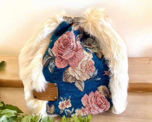 クラシックローズゴブラン織りとファーの丸底巾着バッグ・ショルダー