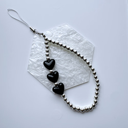 黒ハートビーズストラップ スマホストラップ 携帯ストラップ lilac