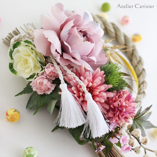 お正月飾り しめ縄 2WAY スワッグ＜ピオニー ピンク＞ アートフラワー